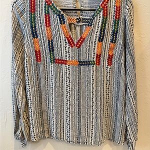 Savanna Jane Shirt Women S Off White Lux Boho Geometric Stripe Embroidered Tunic